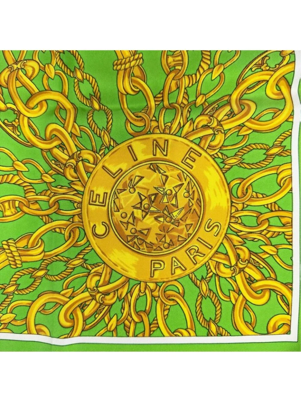 Celine Chain Coin All Over Print Silk Green Gold Scarf
